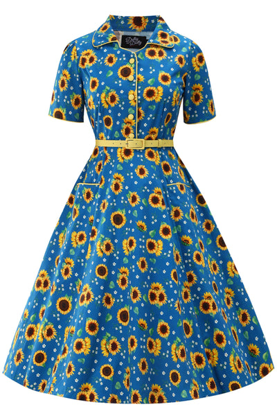 Front view of Sunflower Midi Shirt Dress In Blue