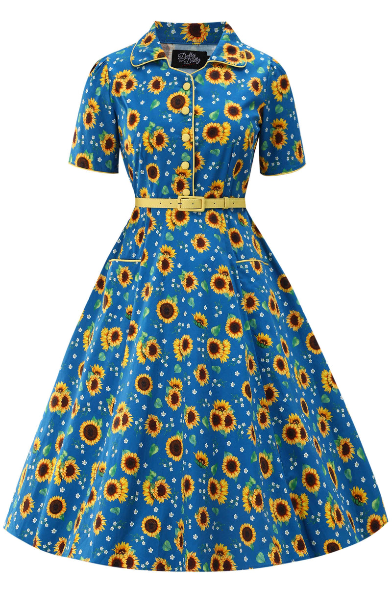 Front view of Sunflower Midi Shirt Dress In Blue