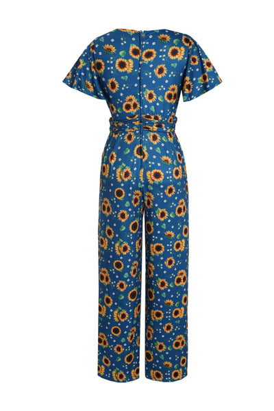 Back View of Sunflower Print Jumpsuit in Blue