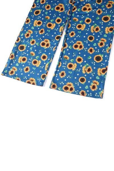 Close up View of Sunflower Print Jumpsuit in Blue