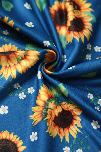 Close up View of Sunflower Print Jumpsuit in Blue