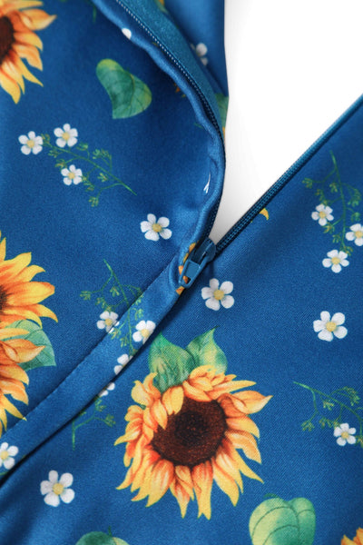 Close up View of Sunflower Print Jumpsuit in Blue