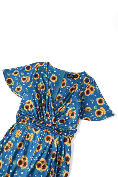 Close up View of Sunflower Print Jumpsuit in Blue