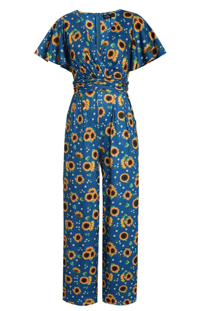 Front View of Sunflower Print Jumpsuit in Blue