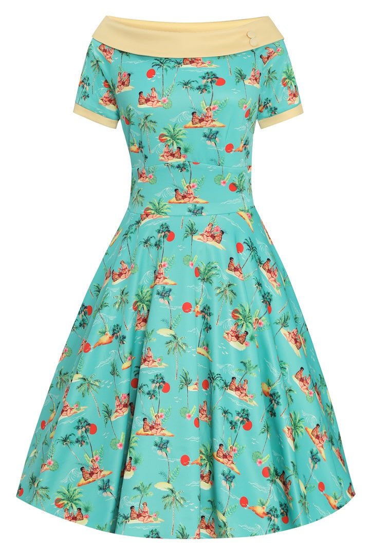 Turquoise Pinup Swing Dress in Tropical Island Print