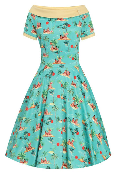 Turquoise Pinup Swing Dress in Tropical Island Print