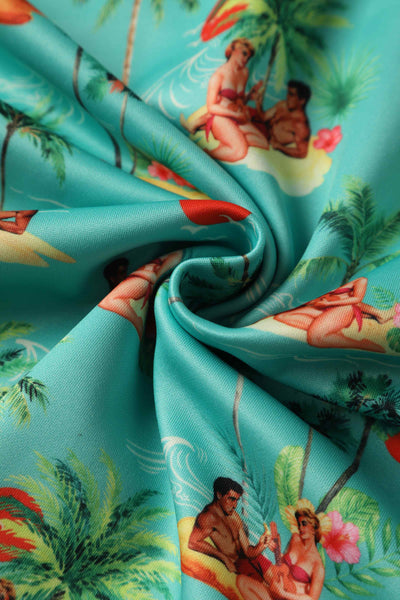 Close up View of Sunset Pinup Couple Swing Dress in Light Green