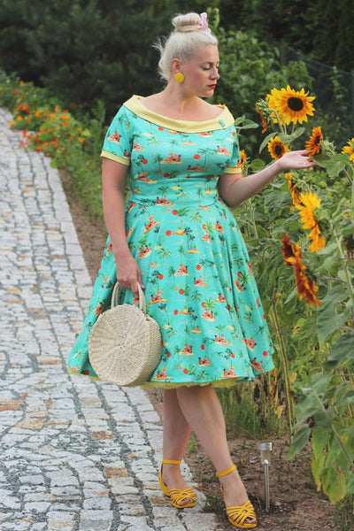 Darlene Turquoise Pinup Swing Dress in Tropical Island Print