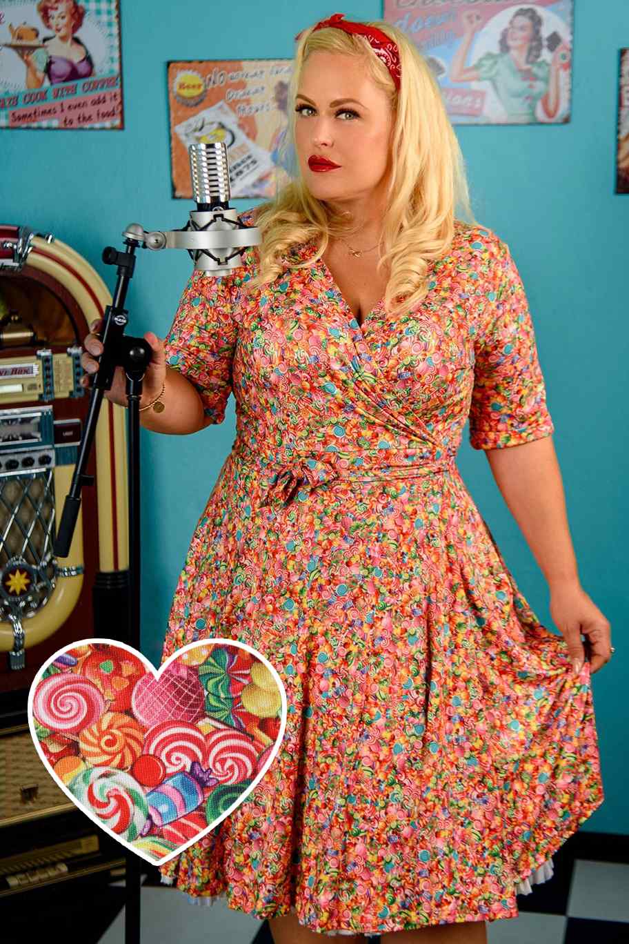 A lady wearing a Sweets Wrap Dress