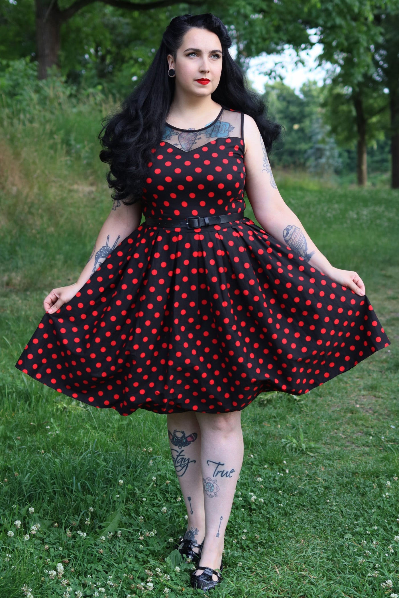 Tea Party Dress in Black/Red Polka Dot Print
