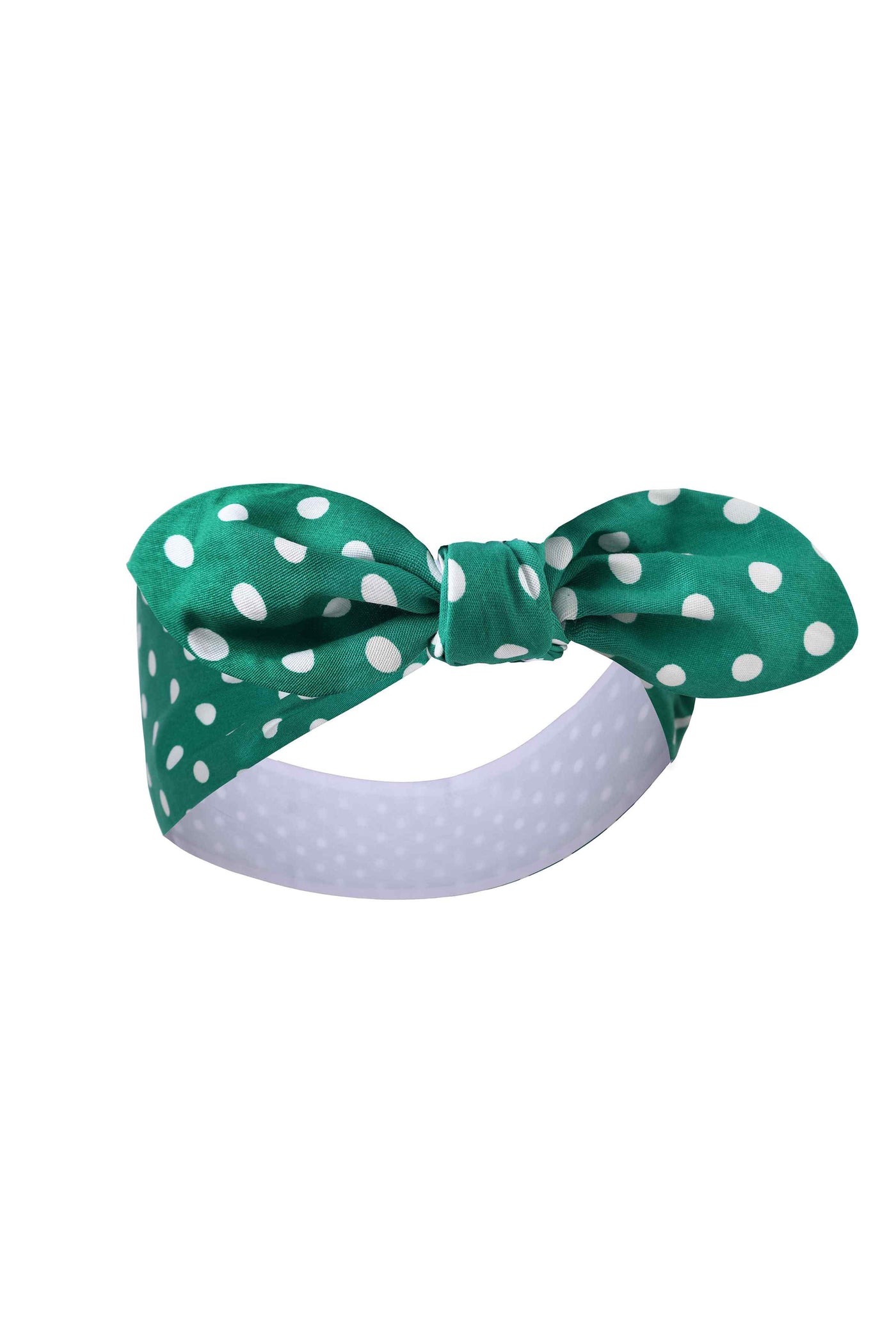 Front View of Tie Knot Green Polka Dot Reversible Headband