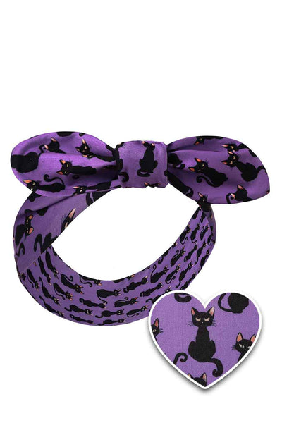 Tie Knot Purple Headband In Black Cat Print