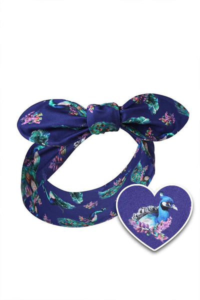 Vintage tie headband in purple peacock bird print