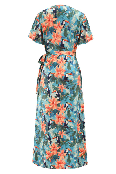 Back view of Tiki Toucan Maxi Wrap Dress