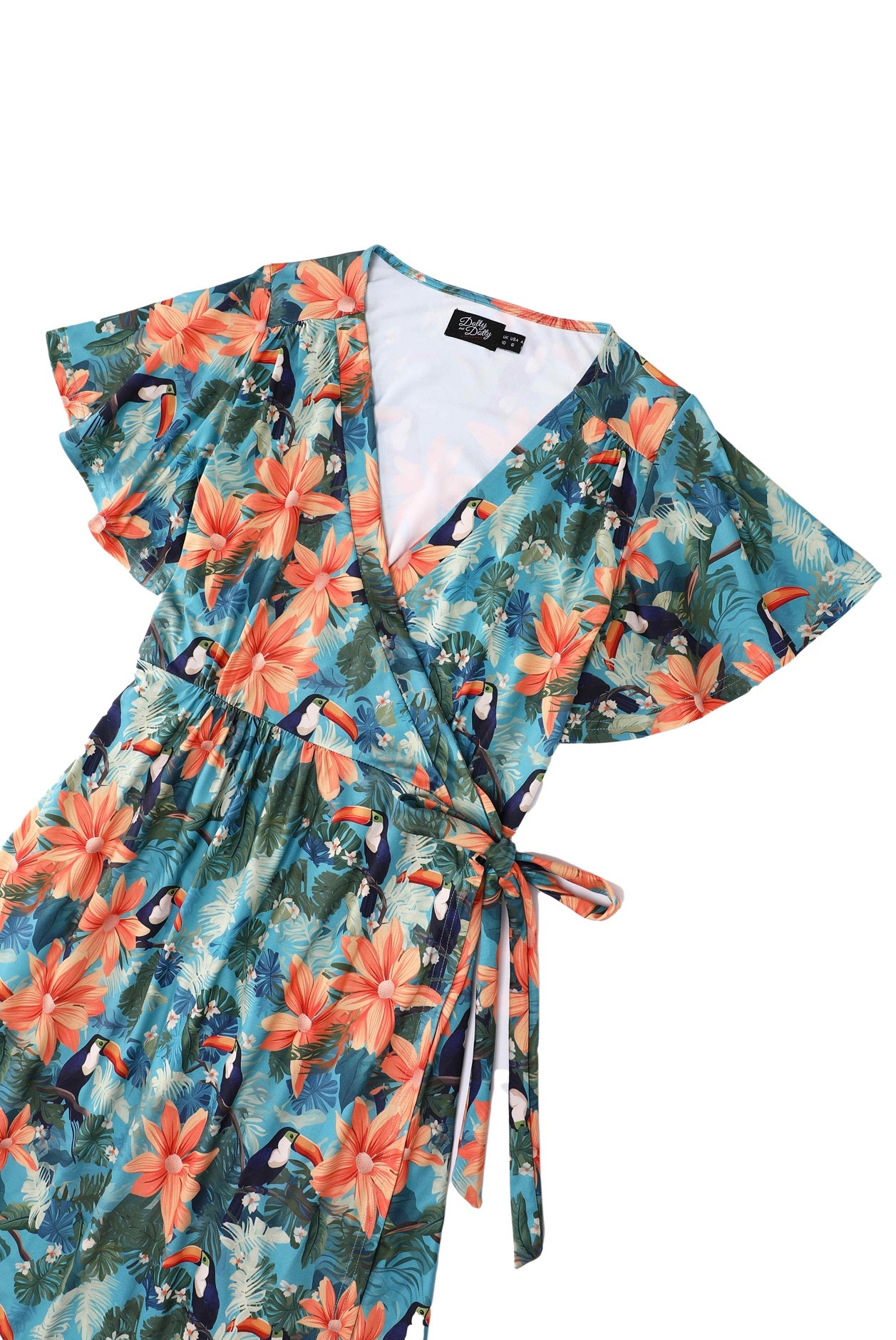 Close up view of Tiki Toucan Maxi Wrap Dress