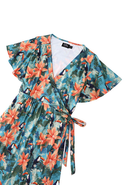 Close up view of Tiki Toucan Maxi Wrap Dress