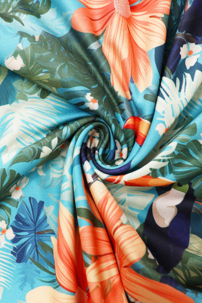 Close up view of Tiki Toucan Maxi Wrap Dress