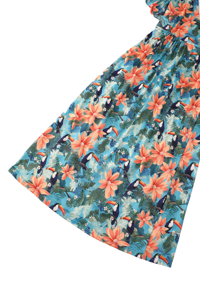 Close up view of Tiki Toucan Maxi Wrap Dress