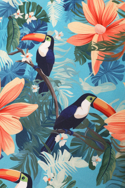 Close up view of Tiki Toucan Maxi Wrap Dress