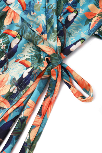 Close up view of Tiki Toucan Maxi Wrap Dress