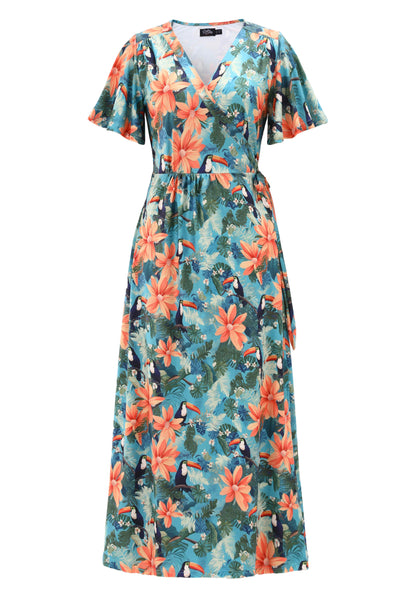 Front view of Isla Tiki Toucan Maxi Wrap Dress