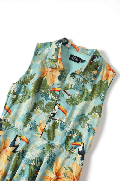 Close up view of Tiki Tropical Shirt Dress