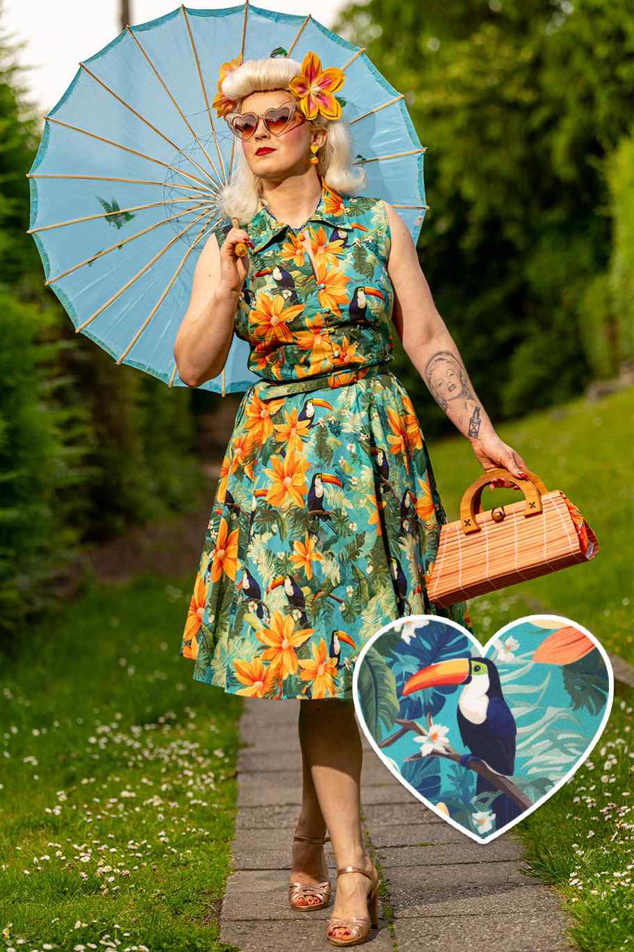 A model wearing Tiki Tropical Shirt Dress