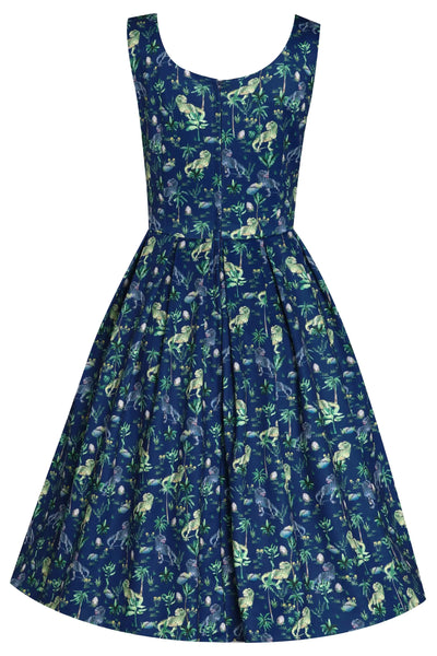 T-rex dinosaur print dress in navy blue, back view