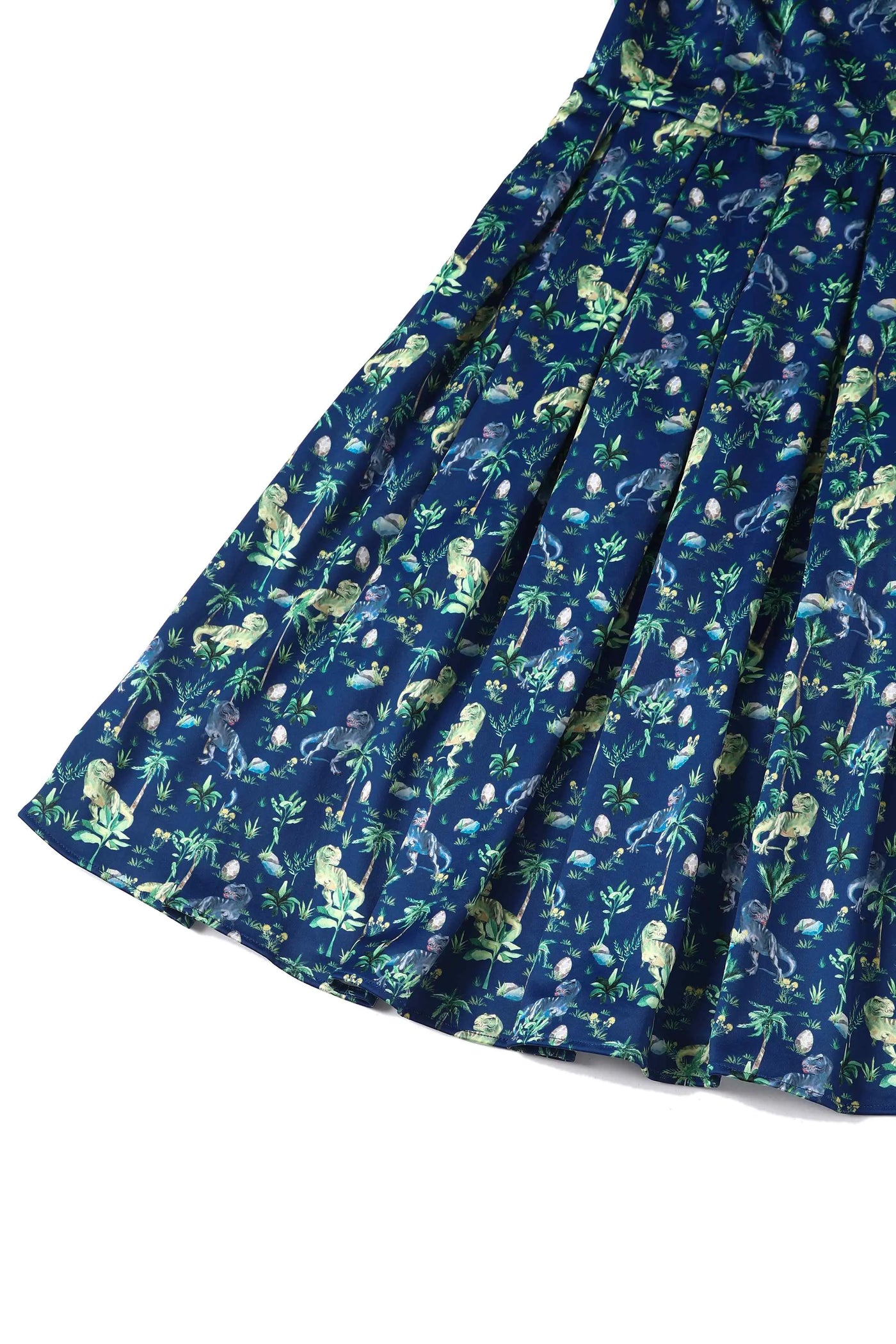 T-rex dinosaur print dress in navy blue lying flat