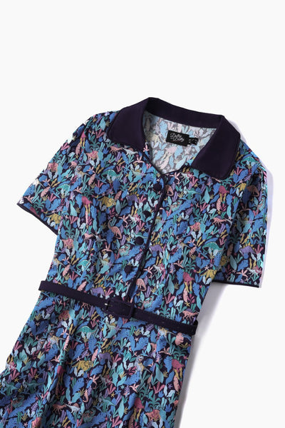 Close up view of Dinosaur Shirt Dress in Navy Blue