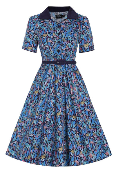 Front view of Dinosaur Shirt Dress in Navy Blue