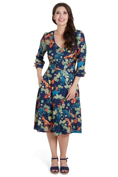 Long Sleeved Dress in Tropical Leaves/Dinosaurs
