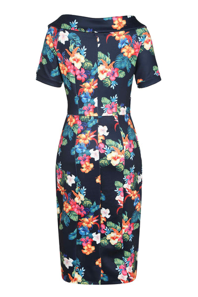 Back view of Tropical Hibiscus Fitted Off Shoulder Dress