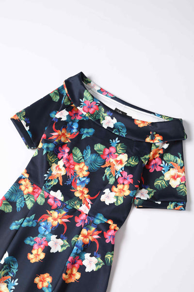 Close up view of Tropical Hibiscus Fitted Off Shoulder Dress