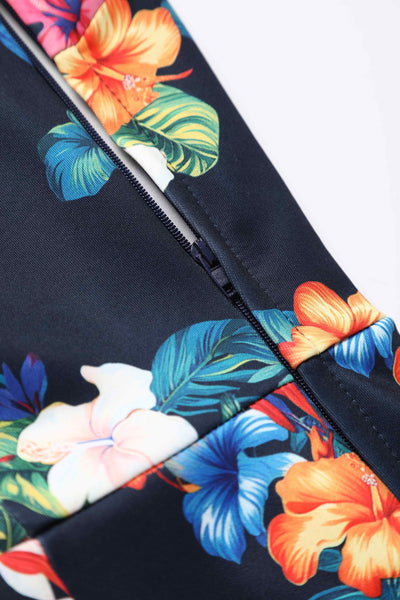 Close up view of Tropical Hibiscus Fitted Off Shoulder Dress