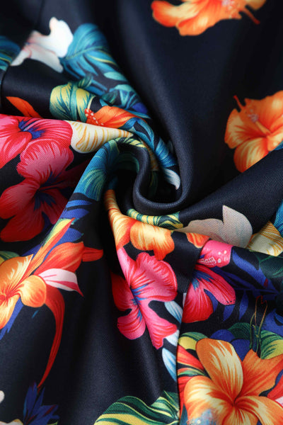 Close up view of Tropical Hibiscus Fitted Off Shoulder Dress