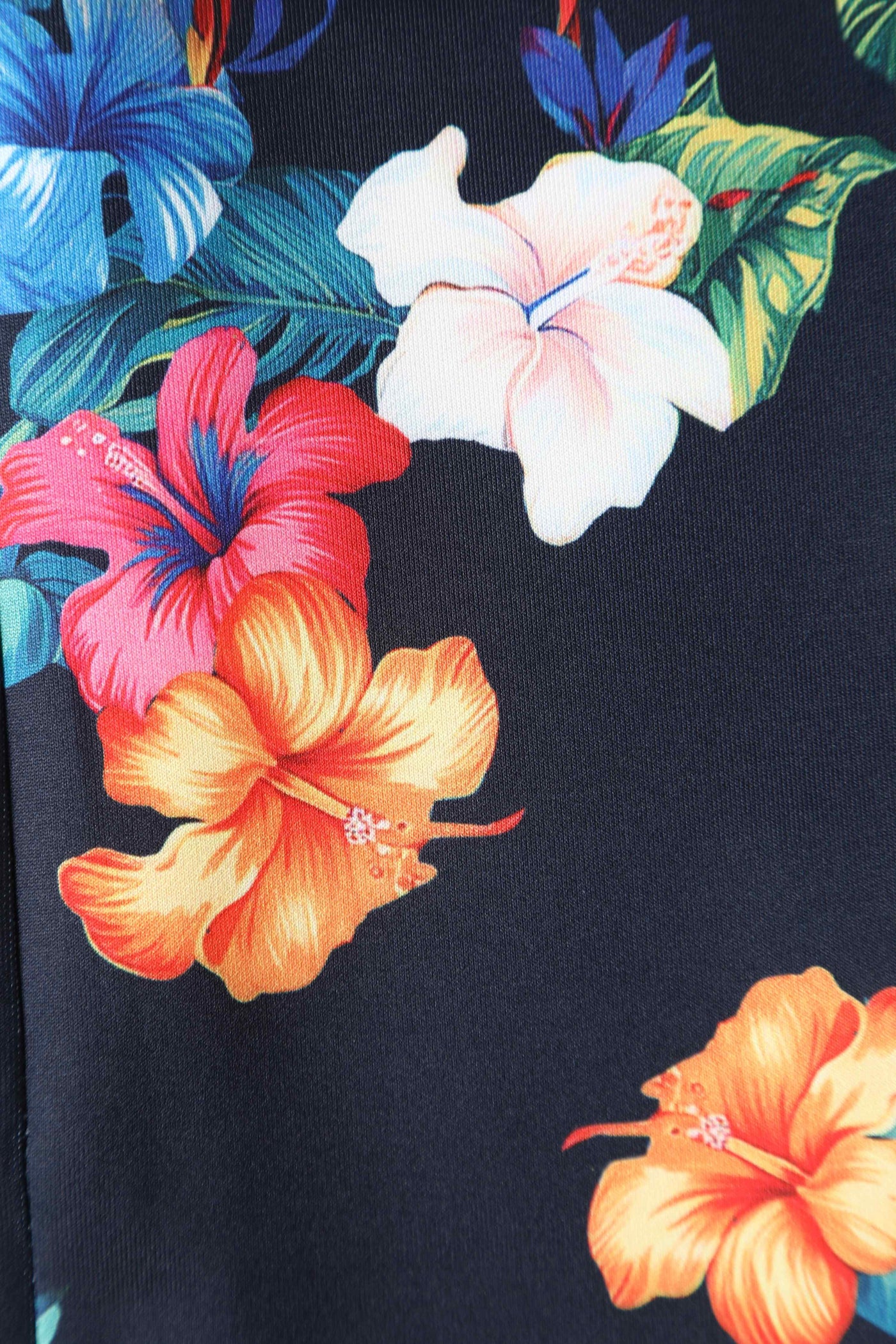 Close up view of Tropical Hibiscus Fitted Off Shoulder Dress