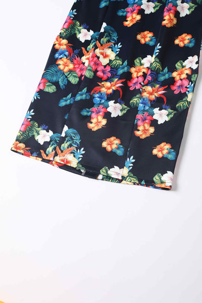 Close up view of Tropical Hibiscus Fitted Off Shoulder Dress