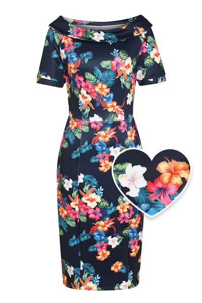 Front view of Tropical Hibiscus Fitted Off Shoulder Dress
