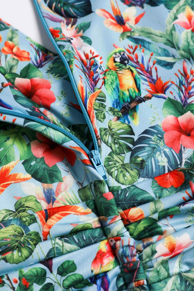 Close up view of Tropical Parrot Hibiscus Day Dress in Baby Blue