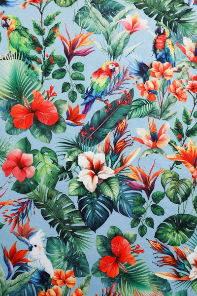 Close up view of Tropical Parrot Hibiscus Day Dress in Baby Blue