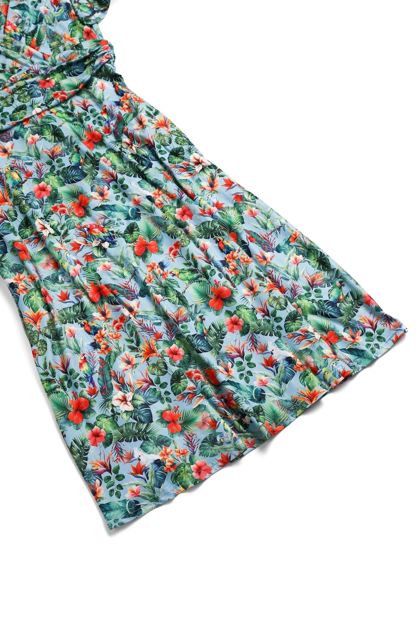 Close up view of Tropical Parrot Hibiscus Day Dress in Baby Blue