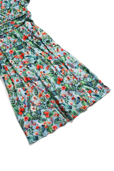 Close up view of Tropical Parrot Hibiscus Day Dress in Baby Blue