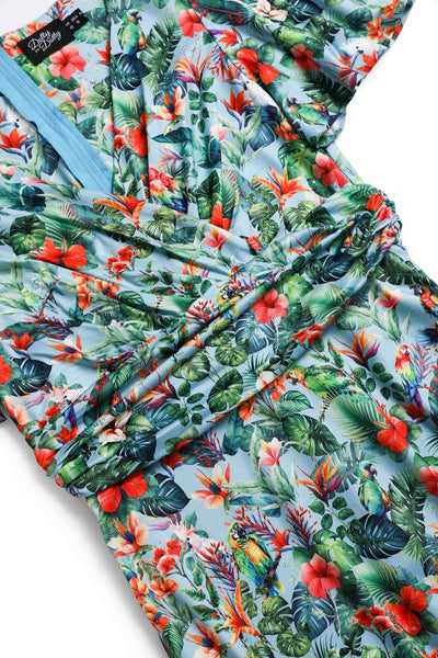 Close up view of Tropical Parrot Hibiscus Day Dress in Baby Blue