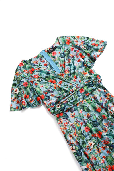 Close up view of Tropical Parrot Hibiscus Day Dress in Baby Blue