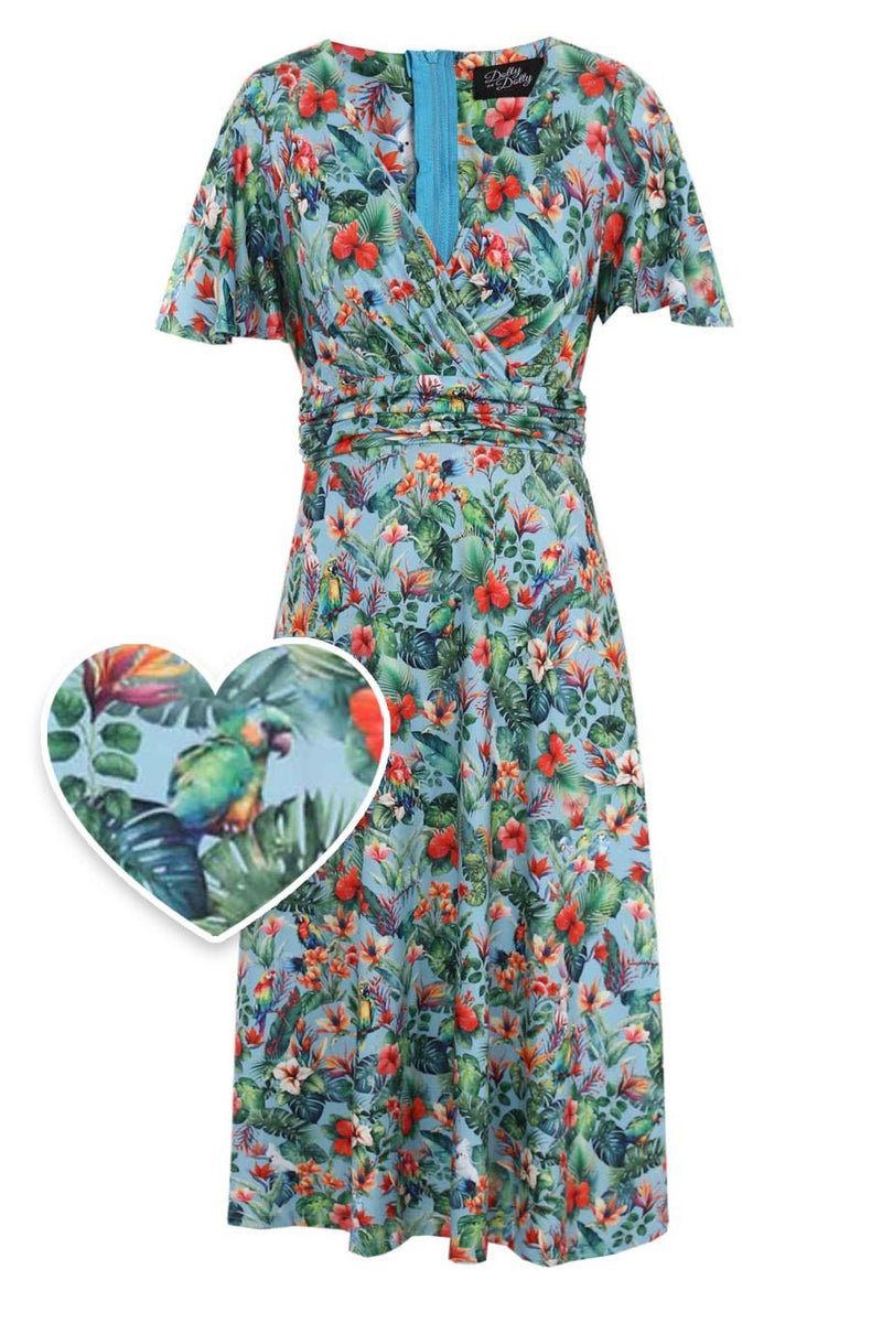 Front view of Tropical Parrot Hibiscus Day Dress in Baby Blue
