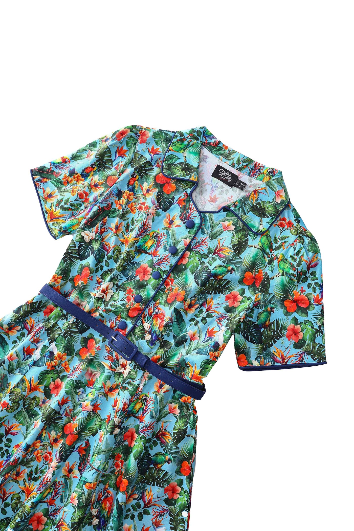 The top of Penelope Tropical Parrot Shirt Dress