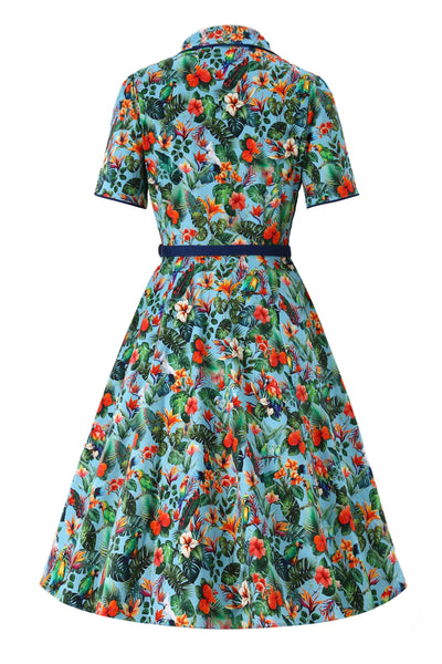 Back view of Penelope Tropical Parrot Shirt Dress