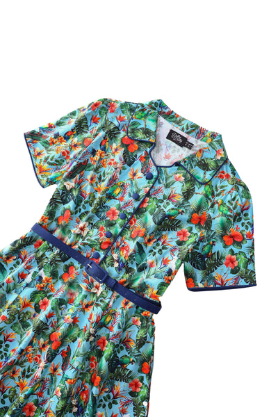 The top of Penelope Tropical Parrot Shirt Dress