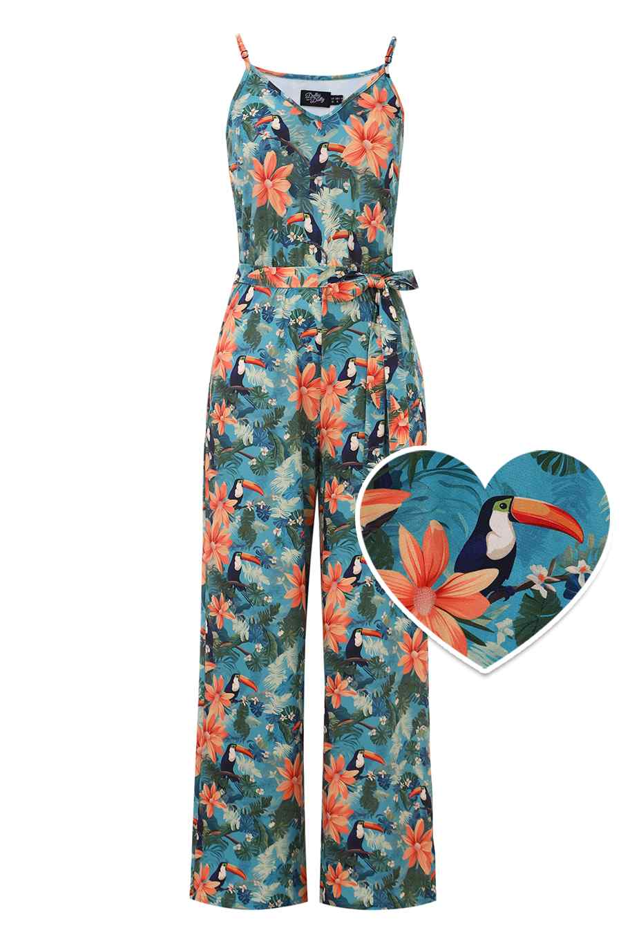 Front view of Tropical Toucan Strappy Jumpsuit